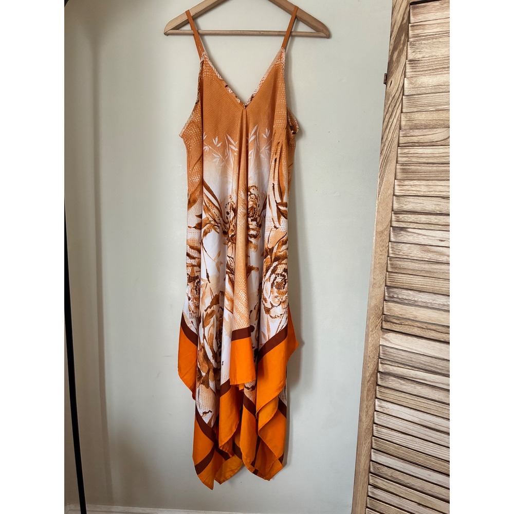 Mlle Gabriell Orange Brown Floral Scarf Print Handkerchief Hem Dress L Boho - Picture 2 of 8
